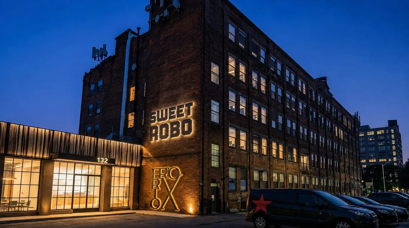 Sweet Robo headquarters building with the illuminated Sweet Robo sign