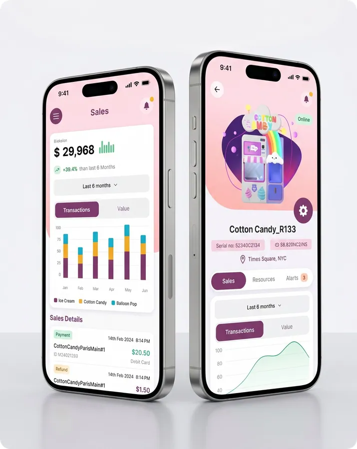 Sweet Robo operator app on two phones - live sales and machine control