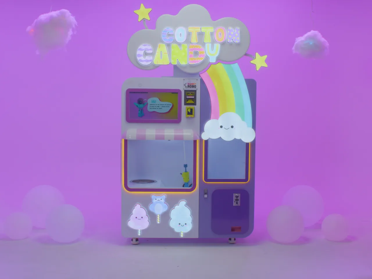 The full Sweet Robo Cotton Candy Robot vending machine - glowing Cotton Candy sign, touchscreen and rainbow side panel, shown end to end